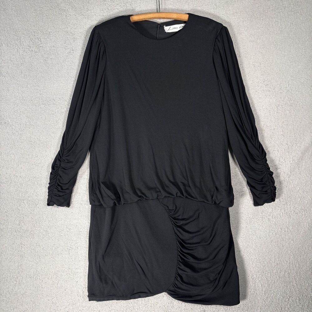 Vtg Lillie Rubin Womens Size XL Black Dress Long Sleeve Blouson Ruched Hem Glam‎